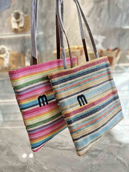 

2 styles designer rainbow embroidery straw woven tote bag summer lafite 2023 beach bags lady large capacity premium shopping handbag