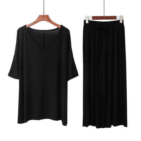 

summer loose large size short sleeve pajamas bottoming shirt cropped pants two