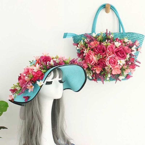 

luxury handmade straw bag for women summer rattan bags 2021 new beach bag pink ribbon flower handbags with sun hat set 230401