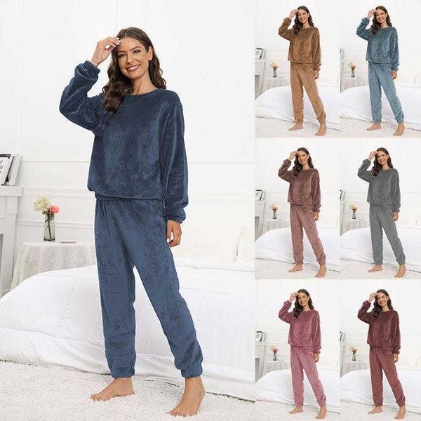 

womens clothing autumn and winter pant plush two piece homewear fashion suit, White