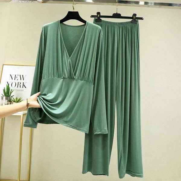 

modal v neck pajamas suit womens spring and summer loose fitting loungewear long