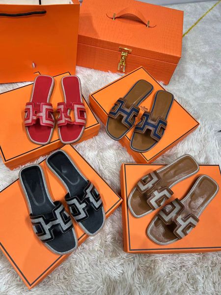 

2023 sandales fashion sandals genuine leather women slippers summer luxury flat slides ladies beach sandal party wedding oran slipper, Black