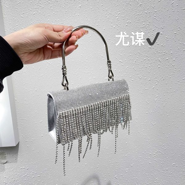 

silver metal french tassel bag with diamond dinner full of diamond flap small square bag handbag crossbody bag girl 230401