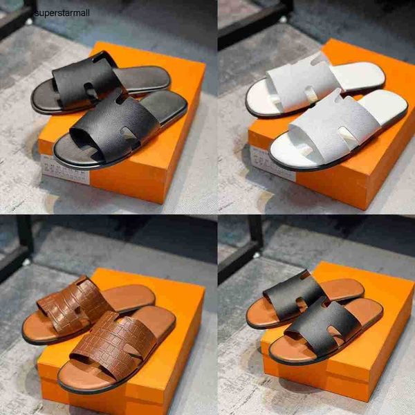 

designer men slippers fashion oran sandals leather h slides summer beach slipper with box, Black