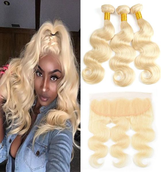 

613 blonde 13x4 part full lace frontal with bundles body wave virgin human hair weave bundles with frontal exte9923901, Black;brown