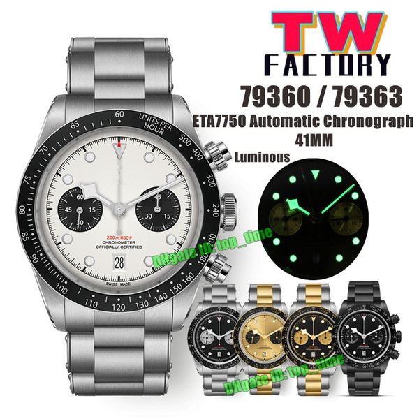 

tw factory watches twf 41mm 79360 / 79363 chronograph automatic eta7750 mens watch black / white / champagne dial stainless steel bracelet g, Slivery;brown