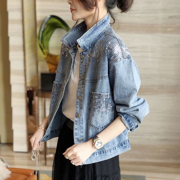 

women's leather faux blue short sequin pocket denim jacket casual spring autumn loose fashion jean long sleeve coat 230331, Black
