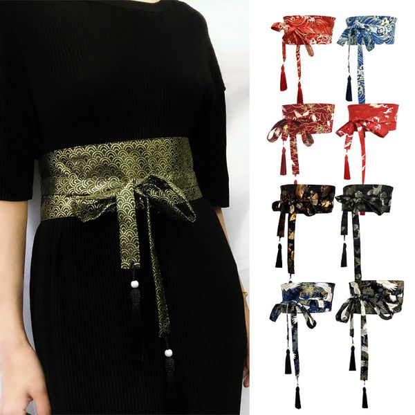 

ethnic clothing japanese traditional kimono belt women corset tassel blue wave pattern wide yukata crane haori obi asian waist s 230331, Red