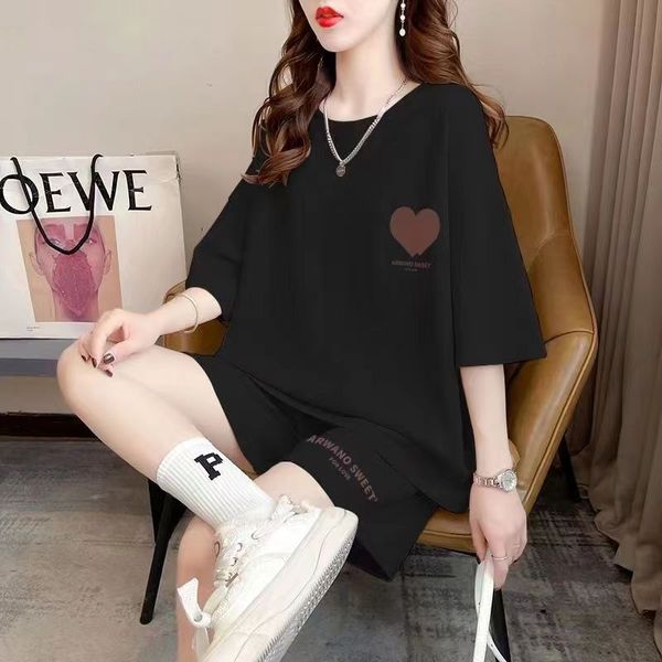 

summer women's fashion loose fit sports set pajamas 2 piece set, White;black