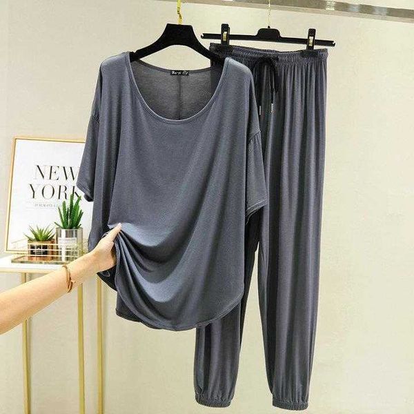 

home loose plus size pajamas womens summer thin modal crew neck casual suit short