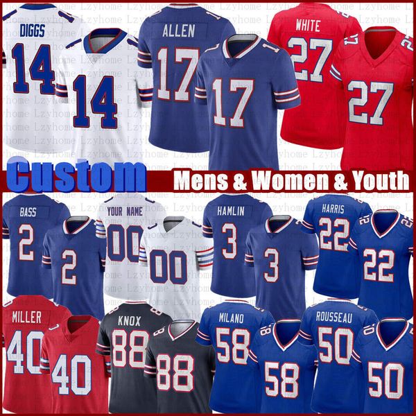 

stefon diggs 17 josh allen custom football jerseys matt milano von miller damien harris micah hyde gabriel davis dawson knox damar hamlin ty, Black;red