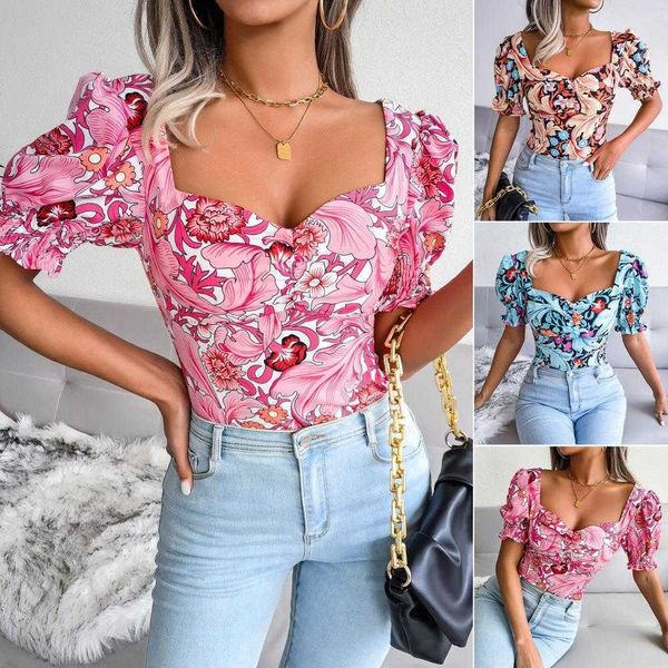 

spring summer womens blouses square collar floral chiffon blouse top, White