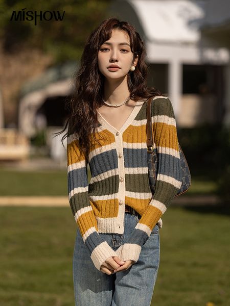

women's knits tees mishow striped cardigan for women spring 2023 vintage v neck single breasted sweater slim knit female knitwears mxc, White