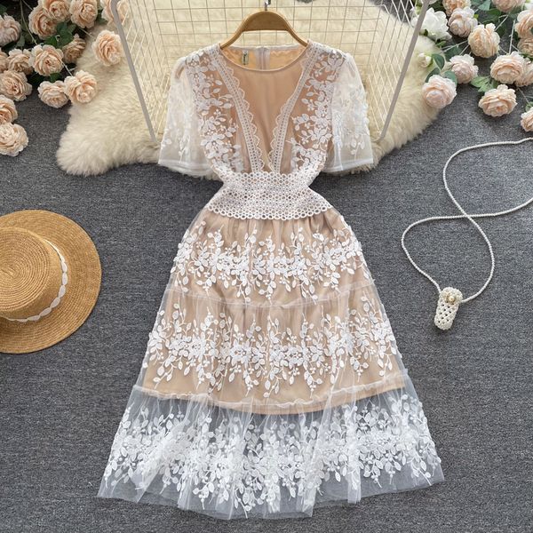

premium cool mesh stitching waist slim dress summer women's art sense sen style first love dress, Black;gray
