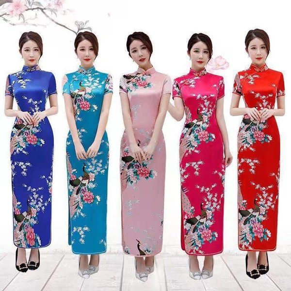 

casual dresses floral peacock women traditional chinese dress vintage mandarin collar qipao oversize long slim cheongsam 6xl 230331, Black;gray
