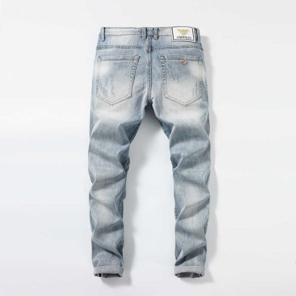 

2022 spring/summer men's jeans slim fit small feet mid waist elastic casual water wash youth pants, Blue