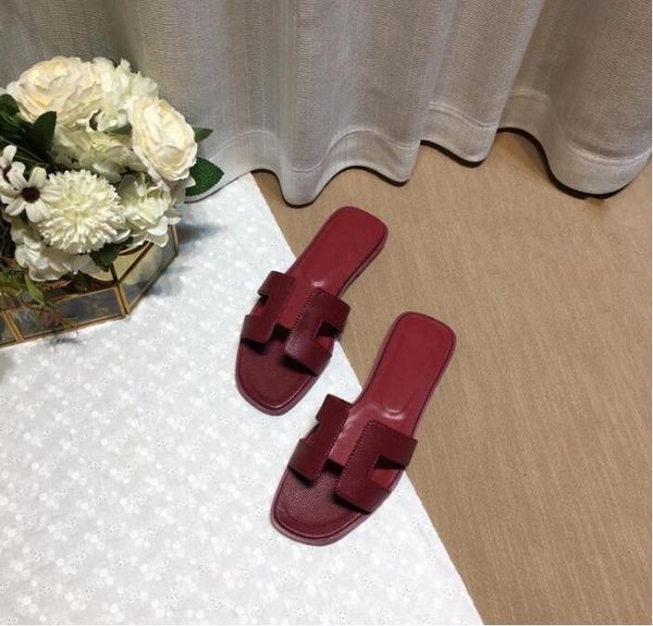 

classic luxury designer leather women's sandals summer flats fashion beach women's slippers h letter slide 35-42, Black