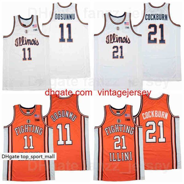 

illinois fighting illini college 11 ayo dosunmu jersey 21 kofi cockburn university basketball team orange color white breathable shirt sport, Black