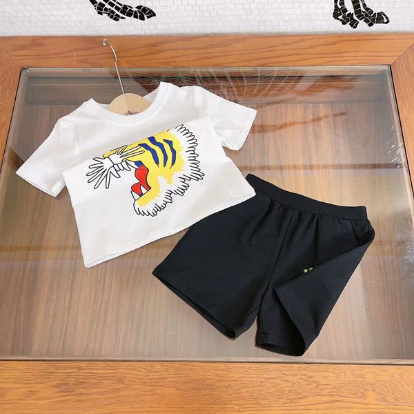 

summer boys clothing sets two-piece for kids casual print tiger cotton short sleeve t-shirt with shorts suit baby children clothing, White