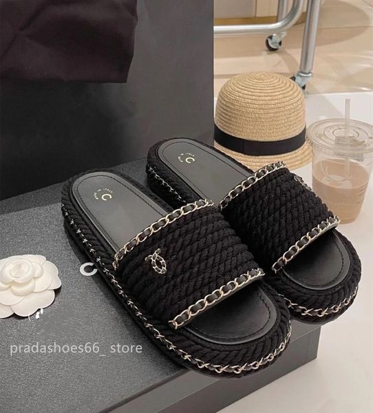 

luxury designer sandals and slippers women 2023 summer slope heel thick bottom one word woven channel slide letters casual beach middle heel, Black