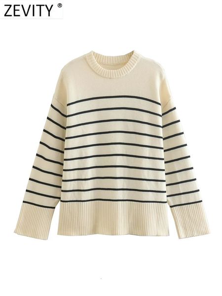 

women's knits tees zevity women classical striped print casual loose knitting sweater female long sleeve chic side split leisure ct220, White