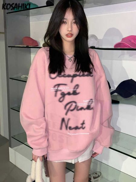 

kosahiki casual loose pink hoodies women all match letter print o-neck sweatshirt y2k aesthetic korean fashion harajuku sudadera p230331, Black