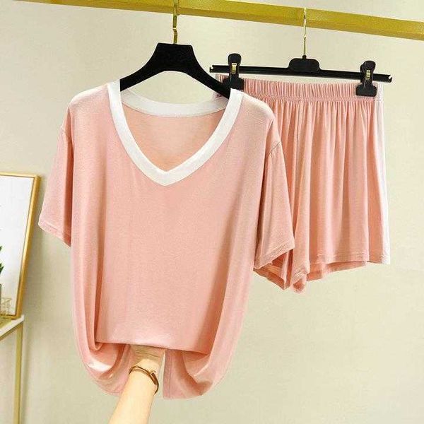 

modal v neck contrast color pajamas womens summer suit short sleeve shorts