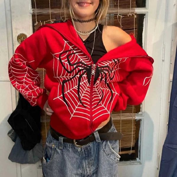 

2022 spider web hoodie women autumn winter harajuku warm full zip up hooded sweatshirt punk grunge hiphop red hoodie y2k clothes p230331, Black