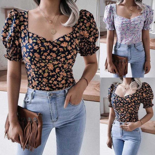 

summer casual lantern sleeve shirts square collar floral chiffon shirt top, White