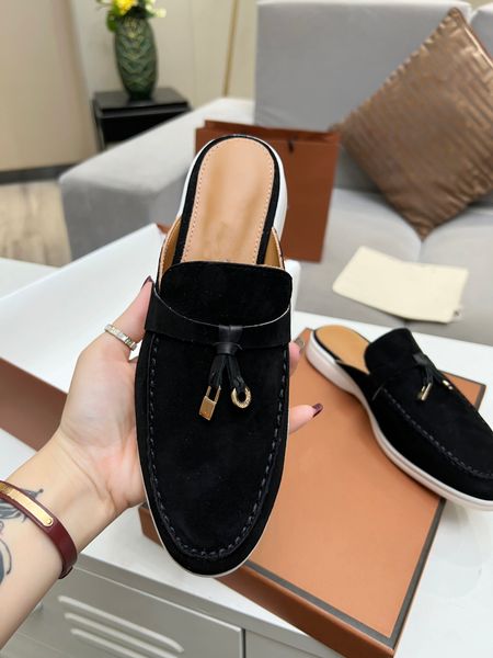

slides charms summer embellished loro piana suede slippers luxe sandals shoes genuine leather open toe casual flats for women luxurysuukh# x