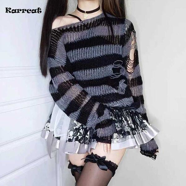 

karrcat gothic sweater women knitted grunge striped pullovers punk hollow out loose jumper goth alternative clothing emo y2k p230331, Black