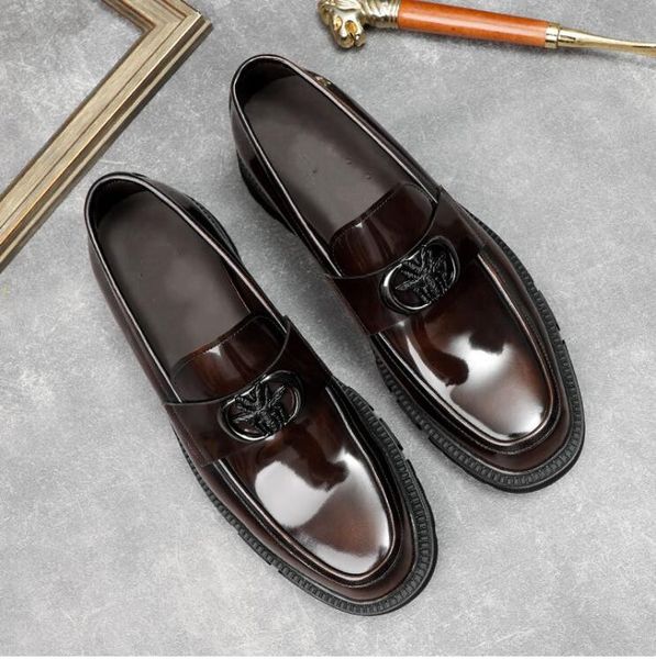 

men cow leather thick heel loafers british style driving boats fashion mens wedding dress shoes male oxfords, Black