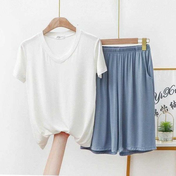 

modal pajamas womens summer thin outer wear large size loose fifth pants suit v
