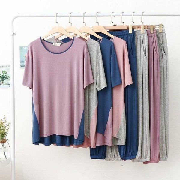 

spring and summer womens pajama suit modal short sleeved ankle tied trousers thin