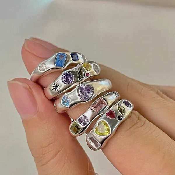 

colorful zircon metal rings for women irregular matte ring retro personality index finger jewelry hip hop girls accessories gift, Golden;silver