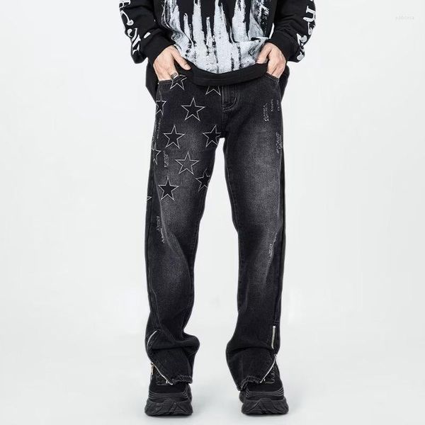 

men's jeans 2023 fashion star embroidery vintage black baggy men pants y2k ankle zipper straight harajuku hip hop denim trousers, Blue