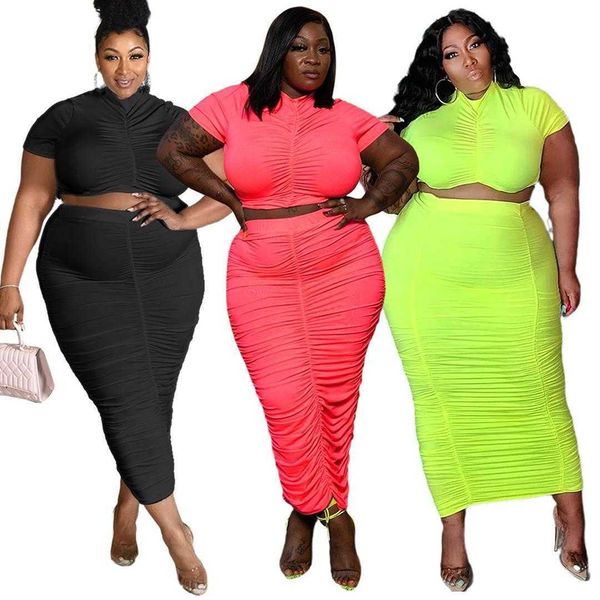 

fashion plus size women dresses solid color pleated super elastic skirt suit two, White