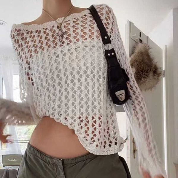 

y2k hollow out long knit smock women vintage loose distressed crochet pullover grunge sweater cover-up hollow out tees p230331, Black