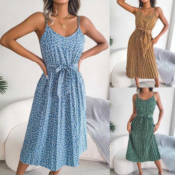 

ins style spring casual dresses and summer leisure floral mid length pleated, Black;gray