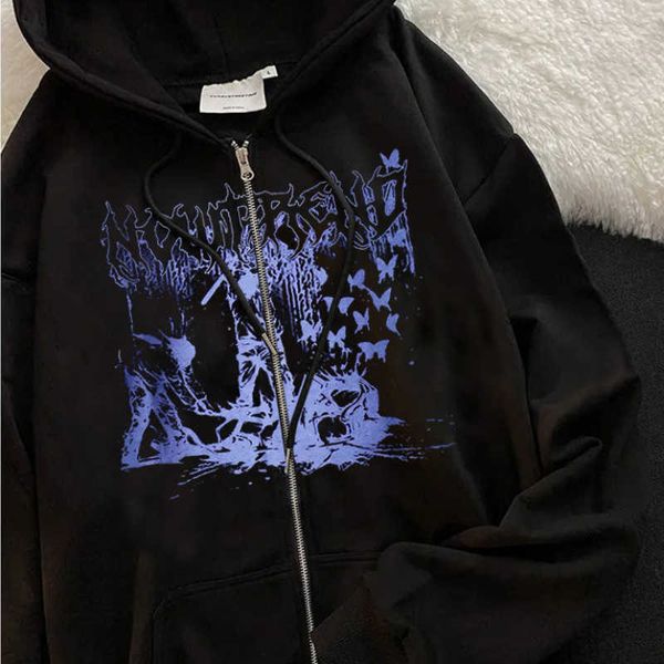 

y2k harajuku hoodies women autumn winter hip hop zipper pocket print aesthetic hooded sweatshirts female goth punk jackets coats p230331, Black
