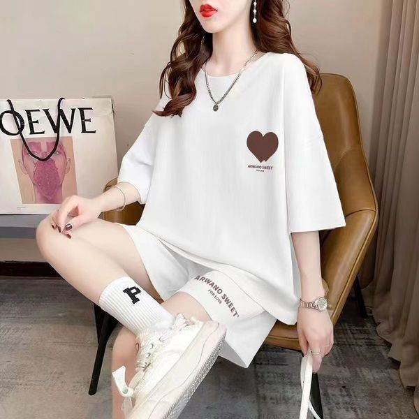 

summer women's fashion versatile loose fit sporty t-shirt sports set pajamas 2pk set, White;black