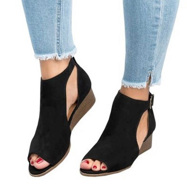 

nxy sandals plus size 43 shoes women summer fashion fish flat wedge women's sandals buckle closed toe roman women's sandles sandal, Black