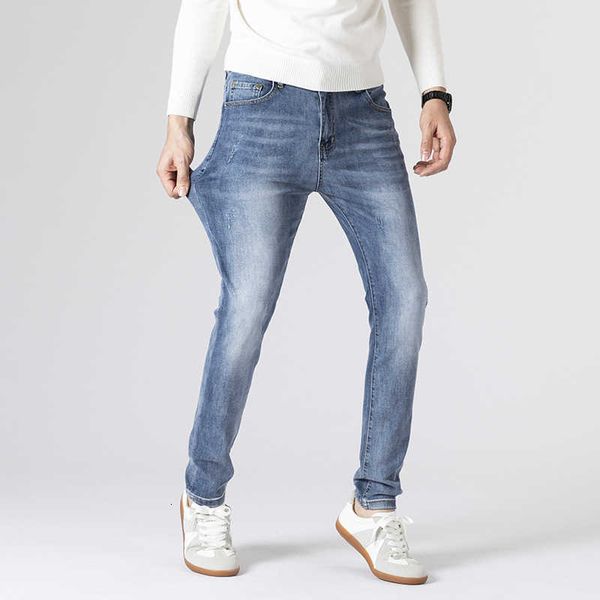 

old men's flower letter printing fashion brand slim fit elastic jeans youth washable feet pants, Blue