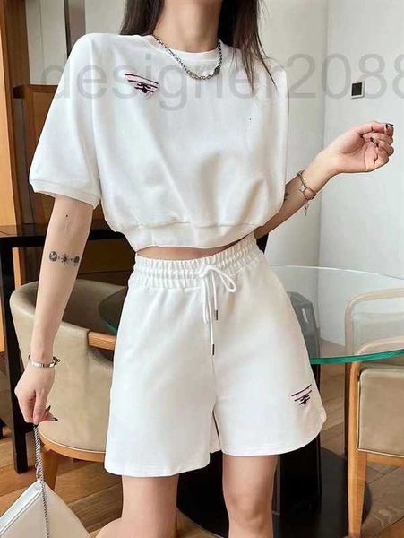 

women's two piece pants designer summer 2023 new triangle short round neck waisted sleeve letter embroidery lace up sports set z42u, White