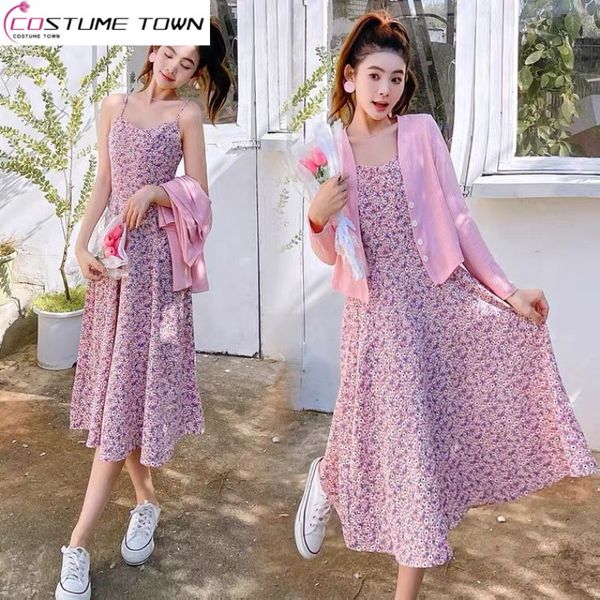 

two piece dress singleset ice silk fragmented flowers waist strap 2023 springsummer cardigan style set fashion 230331, White