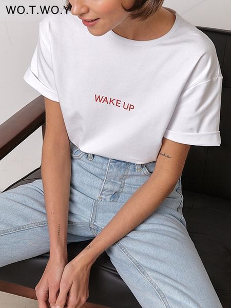 

women's t-shirt wotwoy summer letter print knitted t-shirts women casual o-neck white cotton tee shirts female funny loose harajuku 23