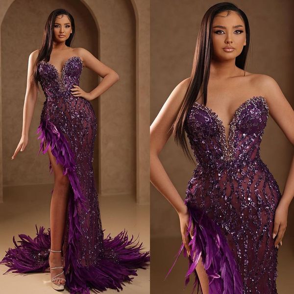 

charming purple feathers prom dresses sweetheart lace sleeveless party dresses beading side split custom made evening dress, Black;red
