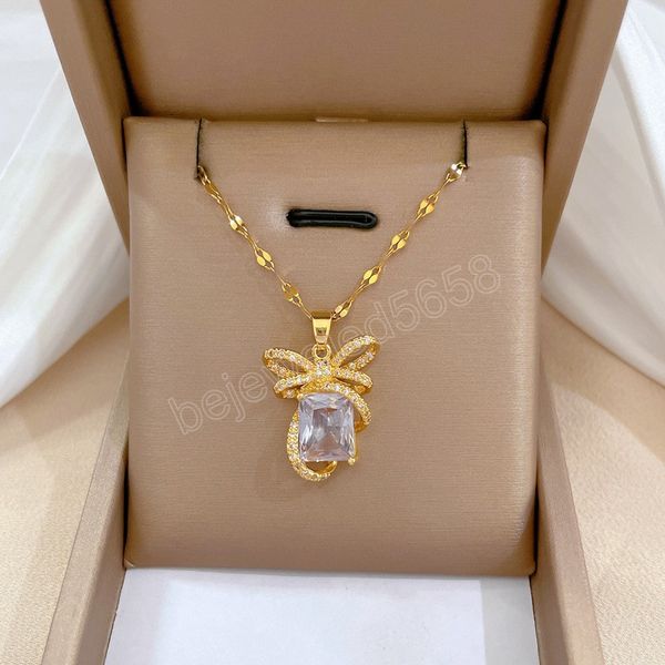 

european and american butterfly square tourmaline pendant necklace fashion bow knot banquet wedding jewelry gift for lover, Silver