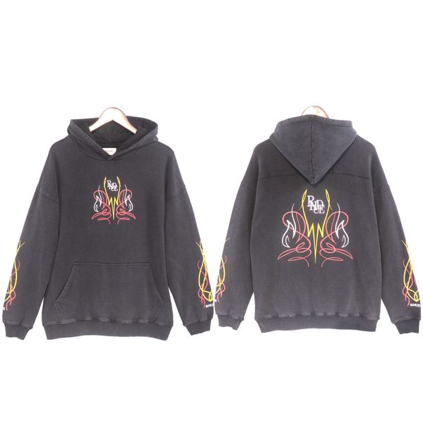 

rhude 2022 autumn and winter new washed old high street line butterfly print hoodie, Black