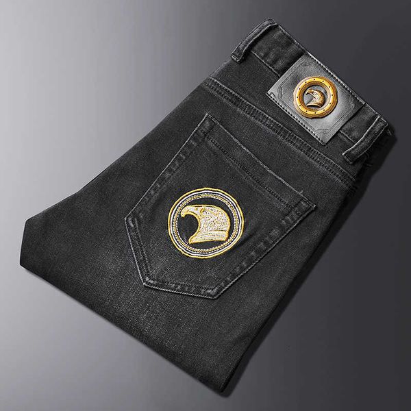 

fashion 2022 brand men's casual wash cotton blend black embroidery jeans men, Blue